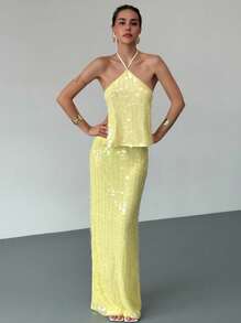 Aloruh Váy Maxi Sequin Chữ H Lưng Thấp Màu Vàng, Lãng Mạn Cho Buổi Hẹn Hò - Màu vàng - Xem 5