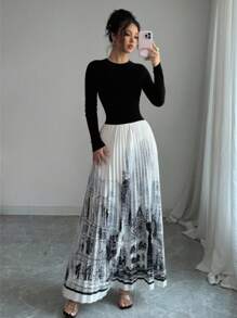 Rafferiza Women's Knitted 2 In 1 Long Sleeve Round Neck Patchwork Pleated Printed Maxi Dress,Black And White,Autumn,Elegant,Evening Wedding Guest Party Dress - Black - View 5