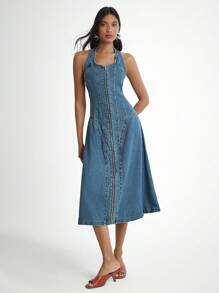 Daynim 女式休闲拉链挂脖牛仔连衣裙 - 中等水洗藍 - 查看 5