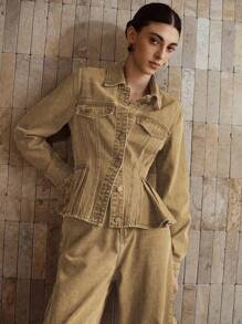 MOTF PREMIUM FLAP DETAIL PEPLUM HEM DENIM JACKET & WIDE LEG JEANS SET - Khaki - View 4