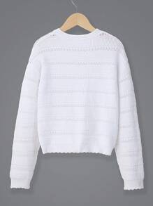 SHEIN 少女圆领长袖网眼针织毛衣 - 白色 - 查看 6