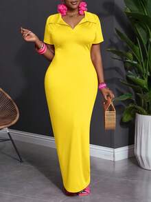 Slaydiva Vestido de manga corta con cuello polo, ajustado, elástico, minimalista, versátil y casual para uso diario en verano, talla grande para mujer