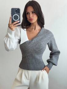 Firerie Casual And Elegant Gray And White Stitching Long-Sleeved Sweater, Suitable For Commuting, Work Wear And Outdoor Occasions/Fall/Back To School/Homecoming/Old Money Style Women/Autumn Bottoms/Tops For Going Out/Pile Collar Pleated Tops/All/Business Casual/Vintage/Fall