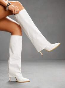 CUCCOO SZL Botas altas de tacón fino y puntera afilada Cuccoo, botas de montar sexys para mujer - Blanco - Ver 2