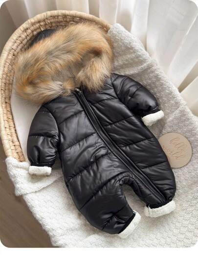 Nyfödd pojke/flicka söt varm fleecejumpsuit med huva, lämplig för höst/vinter utomhus, skidåkning