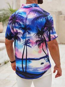 Manfinity Dauomo Men's Palm Tree Printed Short Sleeve Shirt - Purple - View 2
