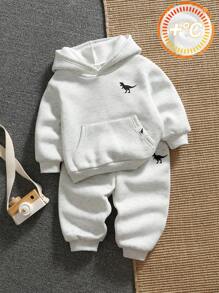 SHEIN 两件套男/女婴恐龙印花连帽衫和运动裤套装，舒适百搭，时尚休闲，适合室内、室外、日常穿着、运动、玩耍、派对、拍照、度假、返校、秋冬季穿着。男婴运动服套装，男婴运动裤套装，男婴运动套装，男婴恐龙运动服套装，男婴连帽衫套装，秋季 - 灰色 - 查看 3