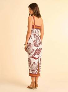 CAJUNI 女士度假棕色和橙色撞色饰边贝壳印花扭纹后背褶饰系带连衣裙，适合暑假、约会、派对、海滩、返校 - 彩色 - 查看 2