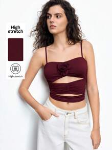 Maija Red Hollow Out Waist Fitted Women's Camisole With 3D Rose Flower Decor, Elegant Body-Flattering For Casual, Holiday, Party, Versatile, Spring/Summer