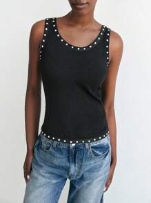 Maija Débardeur casual ajusté en tissu côtelé avec élément de rivet noir, élégant et polyvalent, vêtement d'extérieur pour femmes en automne/hiver