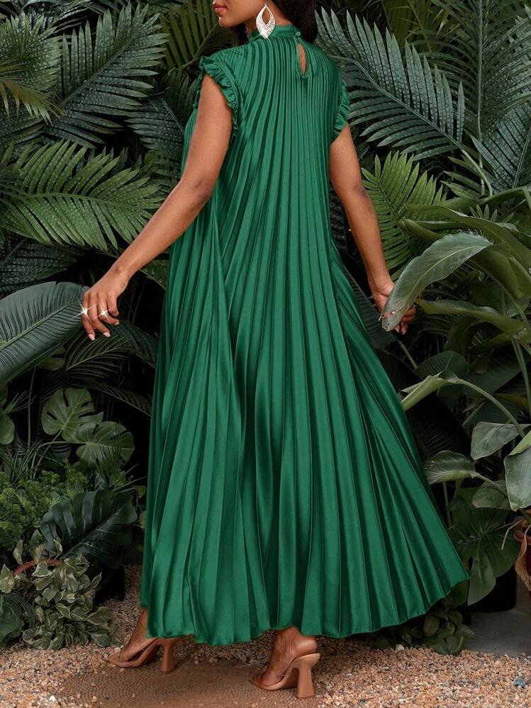 SHEIN Lady Vestido Longo Feminino Solto e Casual de Seda Pregueada com Mangas Curtas em Estilo Voo, Elegante para Festa, Quatro Estações, Aniversário e Eventos, Escritório, Casamento, Férias - Verde - Visão 2