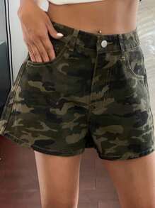 Livesso Quần short denim nữ kiểu dáng rộng rãi, thoải mái, họa tiết da báo, thích hợp cho mùa hè. - màu xanh lá - Xem 3