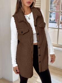 SHEIN EZwear 秋冬款棕色法兰绒大衣，长及大腿，女款，领口宽松设计 - 棕色 - 查看 5