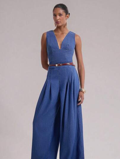 Daynim Women's Casual Solid Color Pleated Wide Leg Jeans