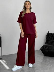 INAWLY Bộ 2 món đồ cho nữ Áo thun cổ tròn tay ngắn và quần dài trang phục thường ngày - Màu Đỏ Sâu - Xem 4