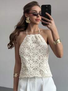 Aloruh Áo crop top hở lưng cổ yếm màu trơn dành cho nữ, đi biển mùa hè, kỳ nghỉ nhiệt đới - trắng - Xem 7