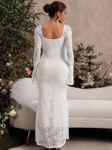 MaterniChic Valentine's Day White Lace Flare Sleeve Fitted Mermaid Hem Maternity Dress - Beige - View 8