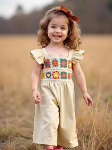 SHEIN Mono holgado y casual minimalista y cómodo para bebé niña con decoración de ganchillo y volantes - Albaricoque - Ver 4