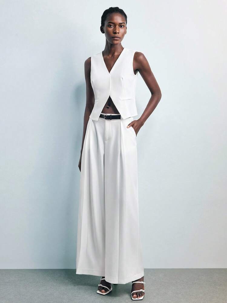 SHEIN Maija 2025 Modern City Artistic Line Design Side Pockets Extra Long Wide Leg Pants, Suitable For Early Autumn White Wide Leg Pants Women White Dress Pants White Flare Pants White Pleated Pants Wide Leg White Pants White High Waisted Pants,Old Money Style Women