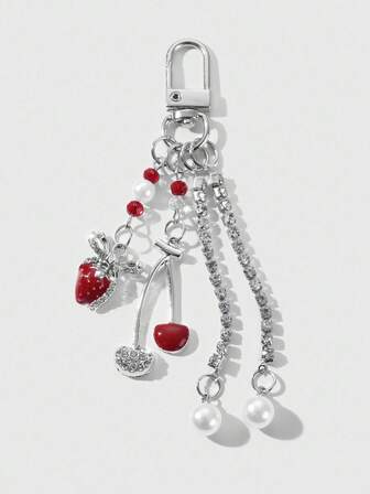 Kawaii 1 pièce Chaîne de strass élégante et luxueuse, faux perles, breloques de sac et porte-clés avec motifs de cerises et de fraises, convient aux femmes, pour un usage quotidien ou en cadeau