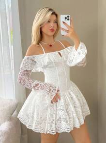 Sweetina 女式花朵蕾丝露肩拼接荷叶边喇叭袖优雅连衣裙秋季女装 - 白色 - 查看 4
