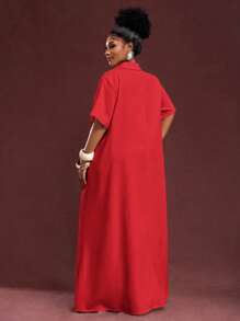 Slaydiva 春夏新款度假通勤休闲白色宽松短袖V领褶皱A字长款衬衫裙，大码女装 - 紅色 - 查看 2