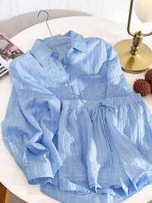 SHEIN 2pcs/Set Casual Solid Color Shirt And Shorts Set - Blue - View 3