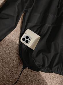 Comfortcana Plus Size Black Casual Solid Color Hooded Drawstring Loose Cardigan Jacket Winter Fall Autumn - Black - View 4