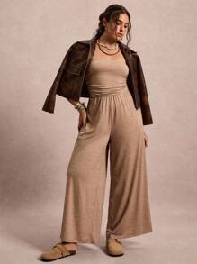 Freevana 大码纯色露肩连体裤，休闲度假 - 卡其色 - 查看 2