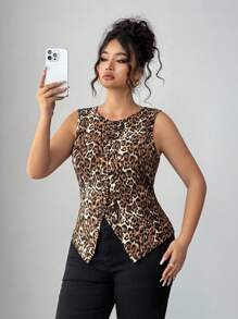 Elenzga Camiseta de tirantes con cuello redondo y bajo asimétrico con estampado de leopardo para tallas grandes - Marrón - Ver 4