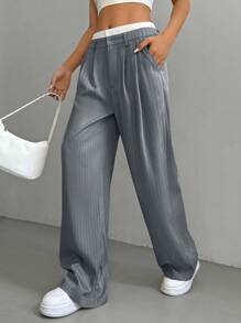 SHEIN EZwear Calças compridas cinza de perna larga com listras e zíper para um visual casual moderno Calças plissadas de cintura alta Calças cinza risca de giz para outono/inverno