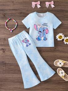 SHEIN 2pcs Young Girls Cute Pattern Top And Flare Pants Set, Vibrant Tie-Dye Fabric, Casual Everyday Wear - Blue - View 3
