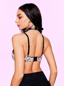 Notgurli 1pc Black & White Strawberry Print Underwire Push-Up Bra For Women