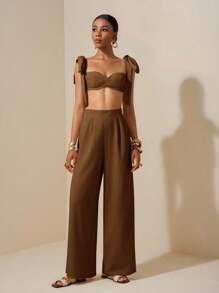 海滩新款春夏休闲度假蝴蝶结肩带裹胸心形领短款上衣+阔腿超长裤杏色女两件套Se，纹理面料材质 - 棕色 - 查看 3