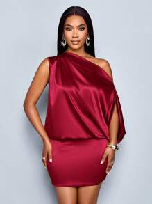 SOLERSUN Đầm ôm body mini bằng vải satin cổ bất đối xứng thanh lịch dành cho nữ - Màu Đỏ Sâu - Xem 6