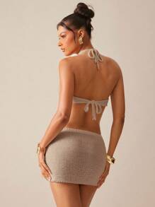 Hauture Women's Sexy Summer 2 Pieces White Knit Crochet Halter Top With Mini Skirt Set - Apricot - View 2