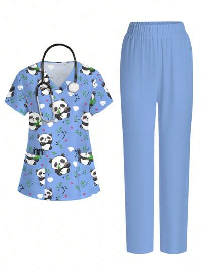 PopScrub Cartoon Panda Print Korte Mouw Top en Broek Verpleegkundige Uniform Set