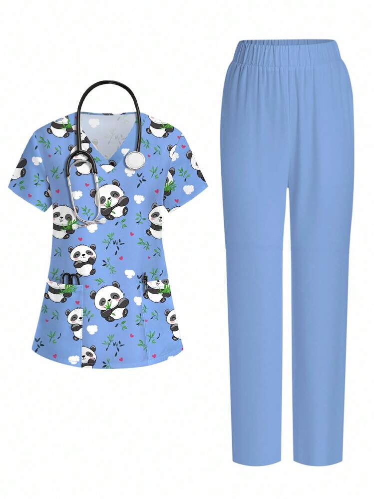 PopScrub Cartoon Panda Print Short Sleeve Top And Pants Nurse Uniform Set - Multicolor - View 1