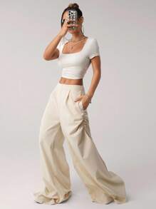 SHEIN ICON Pantalones de pierna ancha y arrastrando con cintura baja y fruncidos, estilo vintage para volver al colegio - Albaricoque - Ver 3
