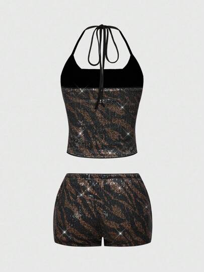 J-Fashion Shorts sexy à taille basse pour femmes, style rétro hippie, imprimé léopard et zèbre avec paillettes. Ensemble 2 en 1 avec gilet pailleté