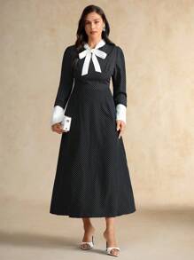 Flouryn Plus Size Women's Polka Dot Lace-Up Long Dress, Elegant And Fashionable For Outings And Gatherings Fall Cloth For Women