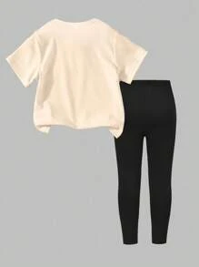 Bộ đồ đi học cho bé gái gồm áo thun ngắn tay và quần legging in họa tiết hoạt hình dễ thương, hình bút chì, quả táo, nơ nhiều màu sắc, họa tiết trang trí. Áo kiểu Kawaii cho bé gái, áo rộng rãi, áo ngọt ngào cho bé gái, áo nơ, áo đi học. - Nhiều màu - Xem 2