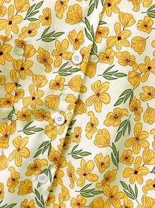 INAWLY Áo sơ mi nữ tay dài đơn hàng khuy đơn in hoa thường ngày - Màu vàng - Xem 8