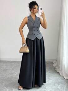 Elenzga 优雅通勤时尚优雅百搭无袖翻领做旧束腰双排扣不对称下摆长款A字裙女套装 - 灰色 - 查看 3