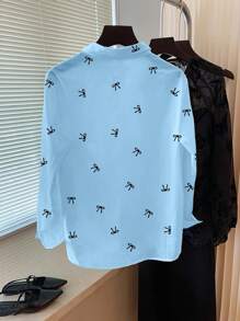 SHEIN Bow Print Front Button Casual Long Sleeve Shirt Fall Cloth For Women - Blue - View 2