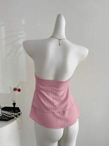 Sweetra Romantic Versatile Double Ruffle Hem Starfish Knot Decor Cropped Tube Top - Pink - View 2