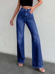 EURMUSE 99%Cotton Zipper Fly Straight Leg Jeans - Teal Blue - View 3