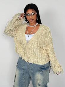 Maweii Plus Size Women's Fringed Cardigan,Beige,Autumn,Smart Casual,Date Night,Exquisite Button,Elegant Long-Sleeved Fuzzy Knit Sweater,Versatile Ladies' Top - Apricot - View 5