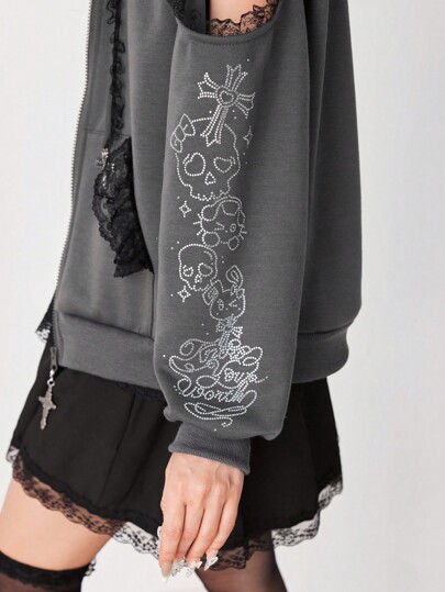 J-Fashion Sudadera con capucha de encaje gris con orejas de gato de cristal, estilo Lolita anime y lindo