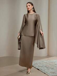 Veilorie Women's Solid Color Poncho Top & Skirt Arabic Style Set Elegant Two Piece Set Modest Two Piece Set Dress Modest